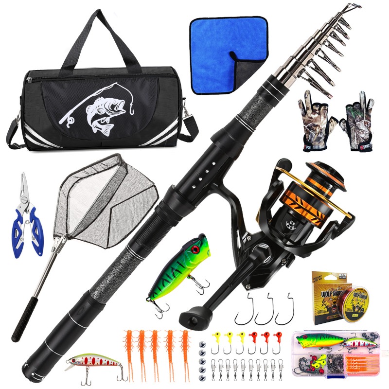 Landing Net Telescopic - Kohlefaser-Teleskop-Angelruten-Set mit Rolle, tragbaren Ködern, Kescher